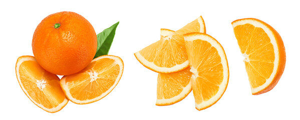 Orange fruit with slices isolated on white background. Top view. Flat lay.