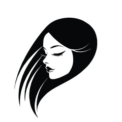 Vector style, elegant woman with long, straight hair and closed eyes, white background, simple, minimalist design