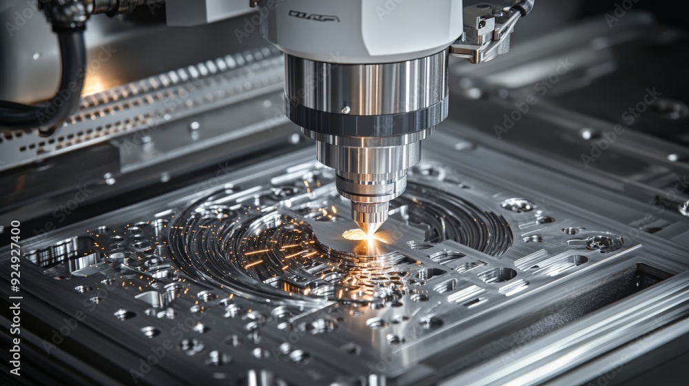 Poster close-up of a cnc milling machine in operation, precisely carving a metallic surface, demonstrating 