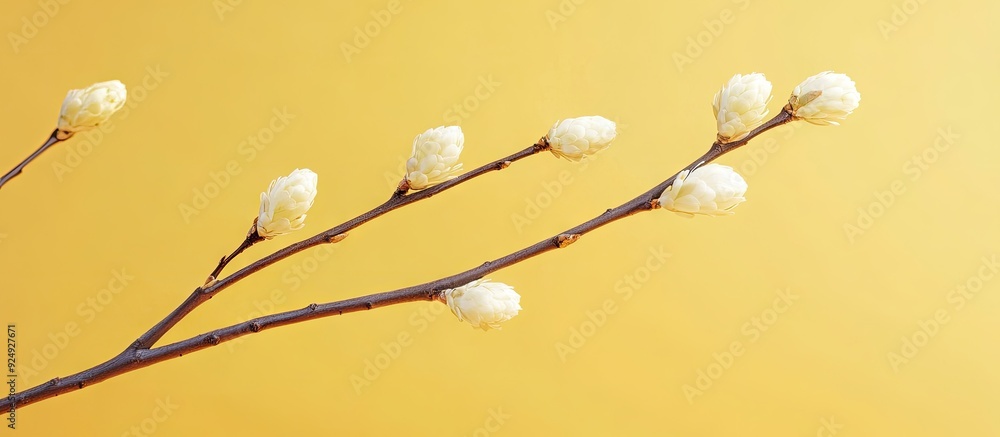 Poster Yellow background with three pussy willow branches Space for text. with copy space image. Place for adding text or design