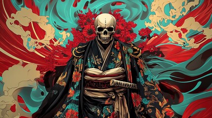 Fototapeta premium Samurai Spirit: A Mystical Skull-Faced Warrior Poster for Sporty Interiors – Intricate Robes, Vibrant Floral Embroidery, and Dynamic Red/Aqua Patterns Evoking Power and Mysticism