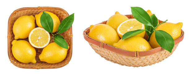 Ripe lemons in wicker basket isolated on white background. Top view. Flat lay.