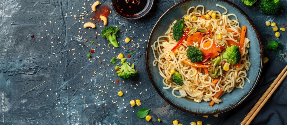 Poster top view of a plate containing asian noodles corn broccoli carrot and soy sauce on a blue concrete b