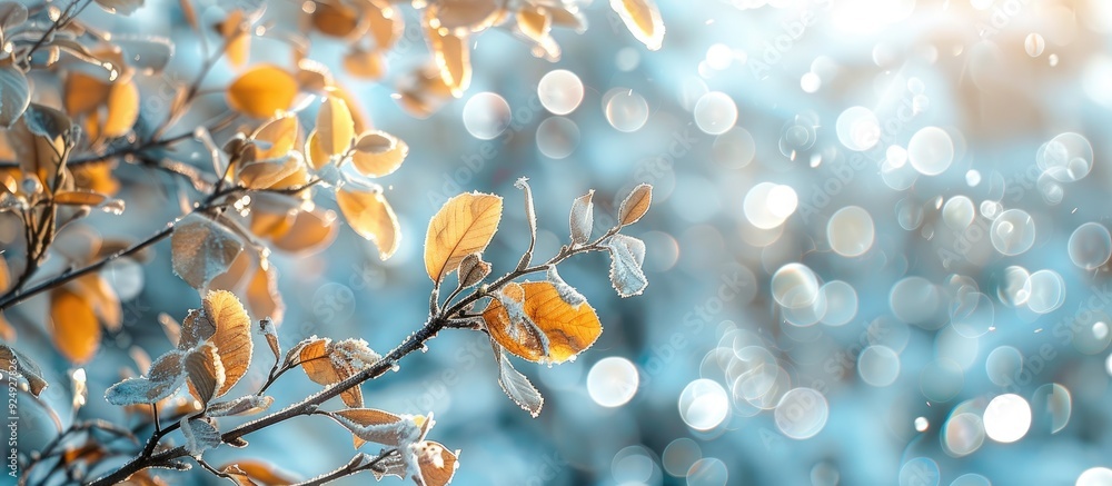 Fototapete Frosty yellow leaves on a tree branch in the garden. with copy space image. Place for adding text or design