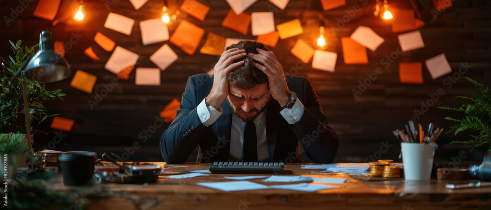 Poster a man in a suit is sitting at a desk with a keyboard and a calculator