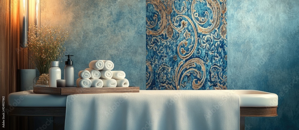 Poster simple spa setting with a paisley backdrop. with copy space image. Place for adding text or design
