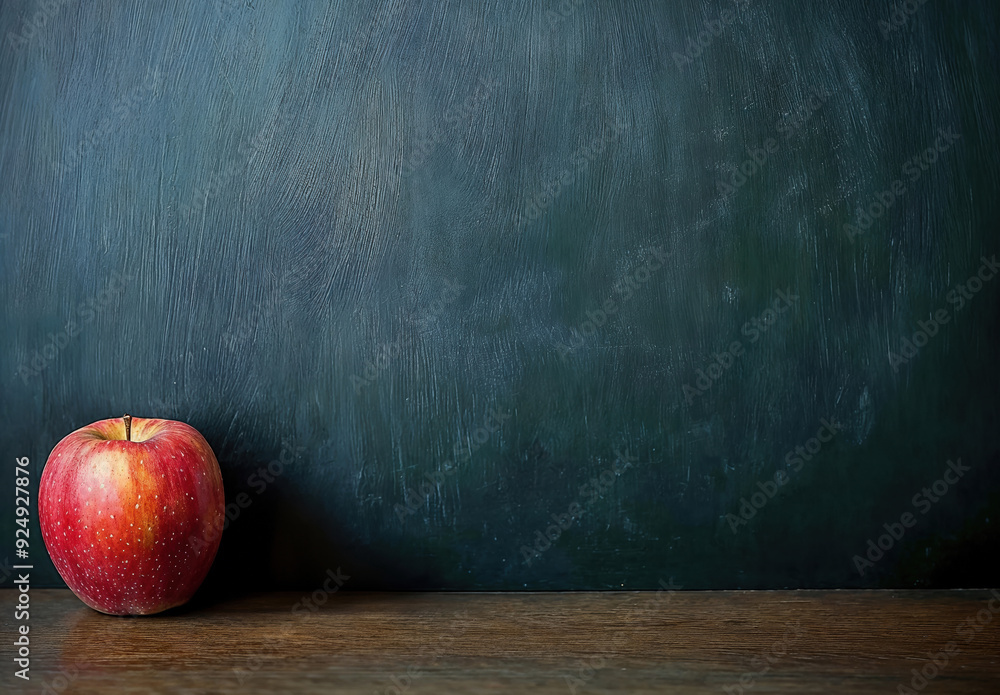 Aufkleber Red apple on a desk in front of a blank chalkboard provides copy space for back to school concepts