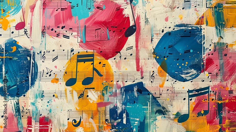 Poster a lively pattern featuring colorful musical notes on sheet music, with whimsical notes in bright col