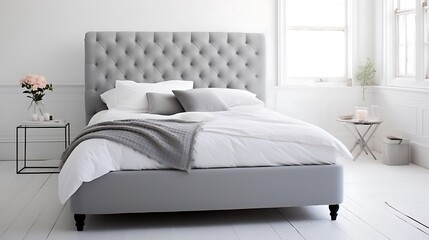 Gray upholstered bed frame against a clean white wall