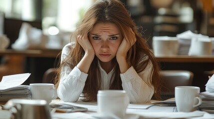 Overwhelmed Businesswoman at Desk with Piles of Work