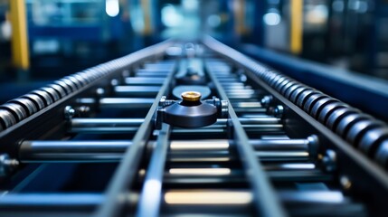 Close-up of a conveyor belt system in a modern factory. The image captures the details and precision of the industrial machinery.