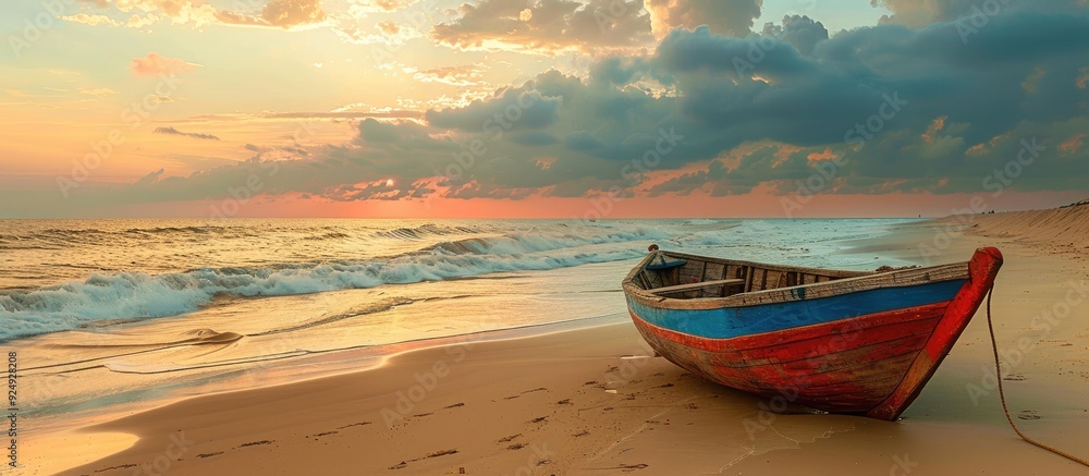 Poster captivating beach scenery featuring a small traditional fishing boat. with copy space image. place f