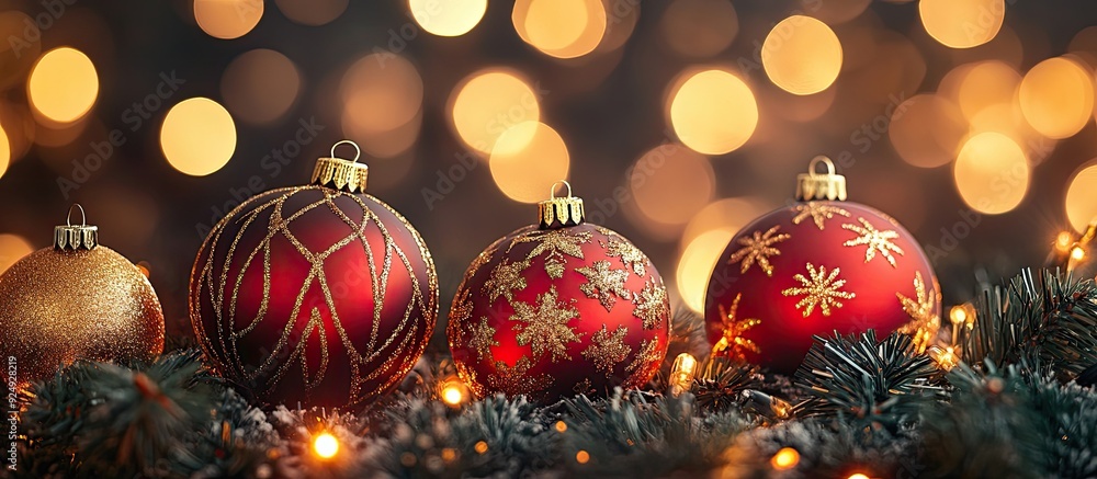 Poster Christmas ornaments against a bokeh lights backdrop. with copy space image. Place for adding text or design