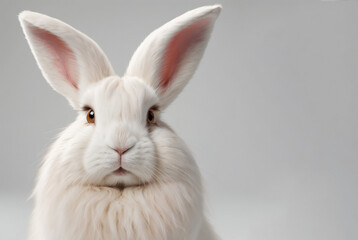 Obraz premium Adorable Fluffy long haired rabbit headshot portrait, isolated white background