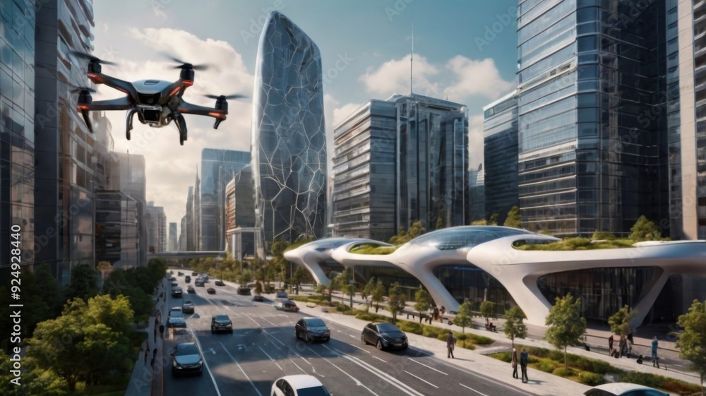 Wall mural A futuristic cityscape with autonomous vehicles on the roads, AI-powered drones flying above, and robotic assistants helping people in everyday tasks