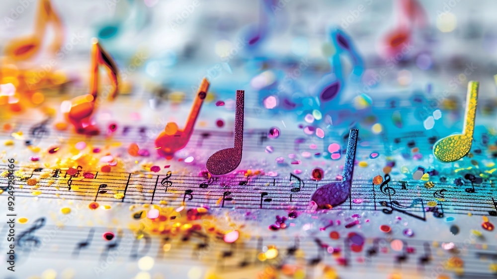 Poster a lively pattern featuring colorful musical notes on sheet music, with whimsical notes in bright col