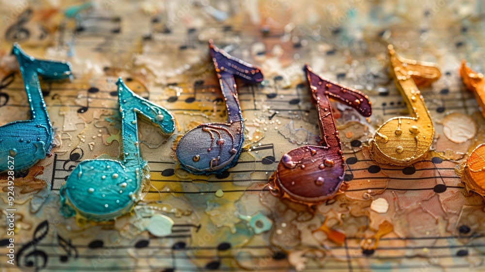 Poster a lively pattern featuring colorful musical notes on sheet music, with whimsical notes in bright col