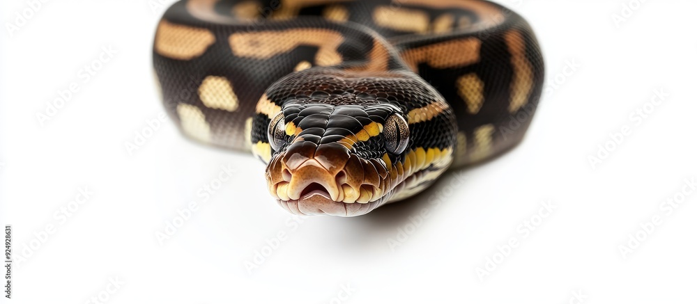 Poster Tiger ball python Python regius set against a white background. with copy space image. Place for adding text or design