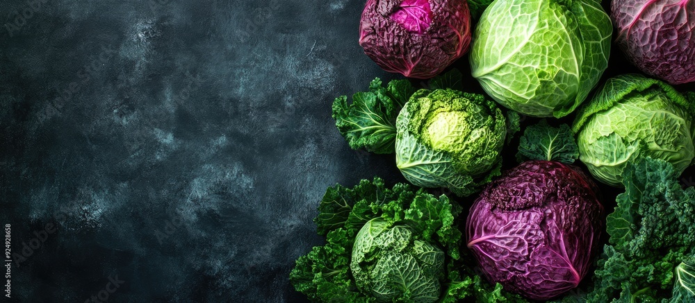 Poster various fresh cabbages on a table top view nutritious food. with copy space image. place for adding 