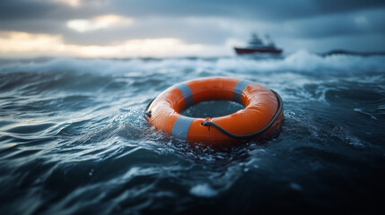A bright life preserver floats on rough water, with a rescue boat in the distance. Symbolizes hope and urgency in water rescue.

