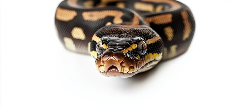 Tiger ball python Python regius set against a white background. with copy space image. Place for adding text or design