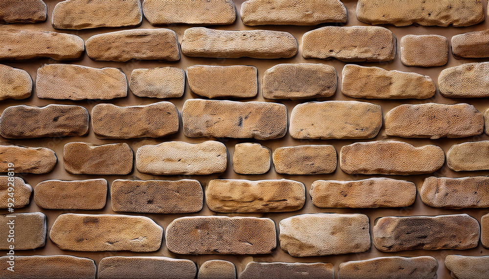 Poster textured pattern of interlocking multi-sized sandstone bricks in earthy tones of beige tan brown, st