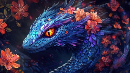Vibrant Dragon-Like Creature Poster: Stunning Blue and Purple Scales with Striking Orange Eyes and Colorful Floral Accents - Perfect for Sporty Interior Decor!