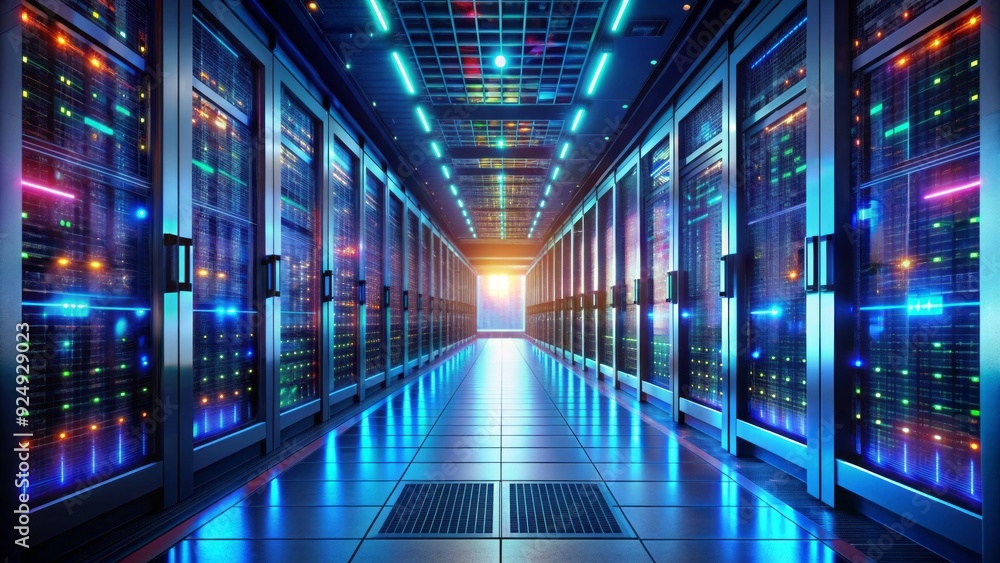 Poster a futuristic data center corridor with rows of servers and network equipment is overlaid with vibran