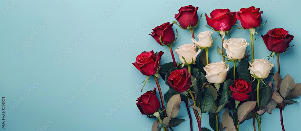 Poster Arrangement of roses set against a colored background Overhead top view flat lay Copy space Concepts for birthday Mother s Day Valentine s Day Women s Day or Wedding Day