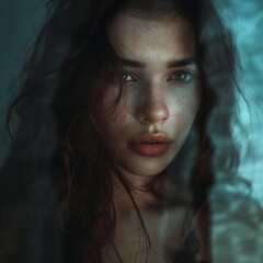 Fototapeta premium Moody portrait of a young woman with intense gaze. Conceptual art style. Perfect for emotional and introspective projects. Photo type is artistic portrait. Generative AI