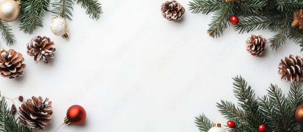 Poster Flat lay arrangement for Christmas featuring pine and decorations. with copy space image. Place for adding text or design