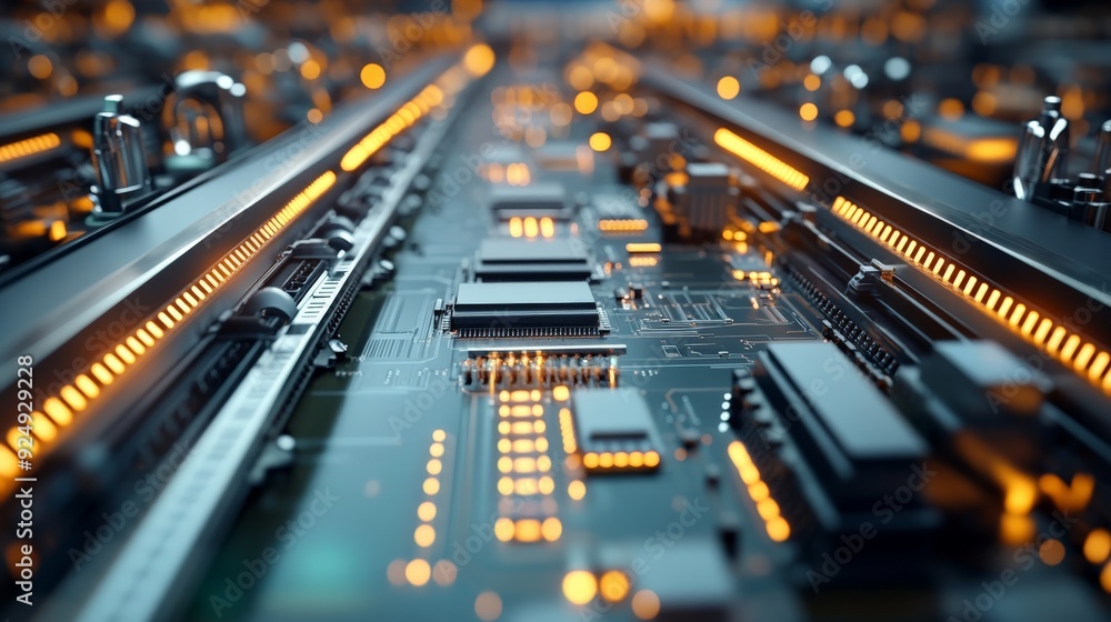Poster close-up of a glowing microchip on a computer motherboard, showcasing the intricate technology and c