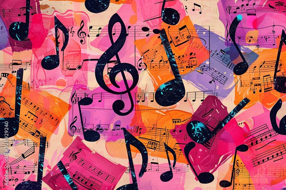 Poster a lively pattern featuring colorful musical notes on sheet music, with whimsical notes in bright col