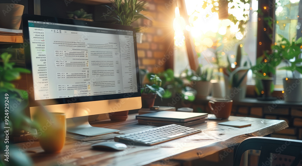 Poster Professional workspace featuring a desktop computer with an online shopping website and a customer support email open, with copy space. Generative AI.