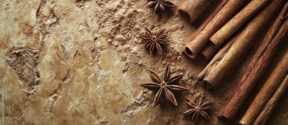 Aufkleber cinnamon sticks and star anise on a textured surface cinnamon roll paired with star anise a flavorfu
