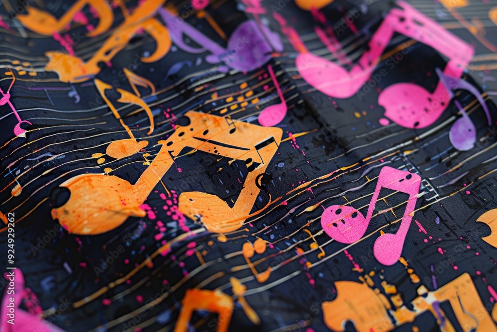 Poster a lively pattern featuring colorful musical notes on sheet music, with whimsical notes in bright col