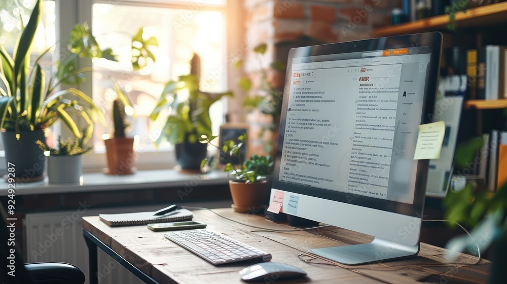 Poster Professional workspace featuring a desktop computer with an online shopping website and a customer support email open, with copy space. Generative AI.