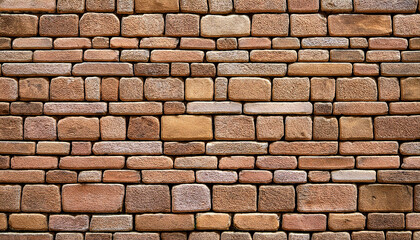 Textured Pattern of Interlocking Multi-Sized Sandstone Bricks in Earthy Tones of Beige Tan Brown, Sturdy Timeless Decorative Wall with Natural Rustic Appeal. Banner Poster Background Wallpaper Copy