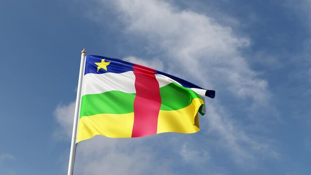 Flag of republic of central africa  on a blue sky, flag on a flag pole waving in the wind, african country, national symbol of central african republic, video of a flag	
