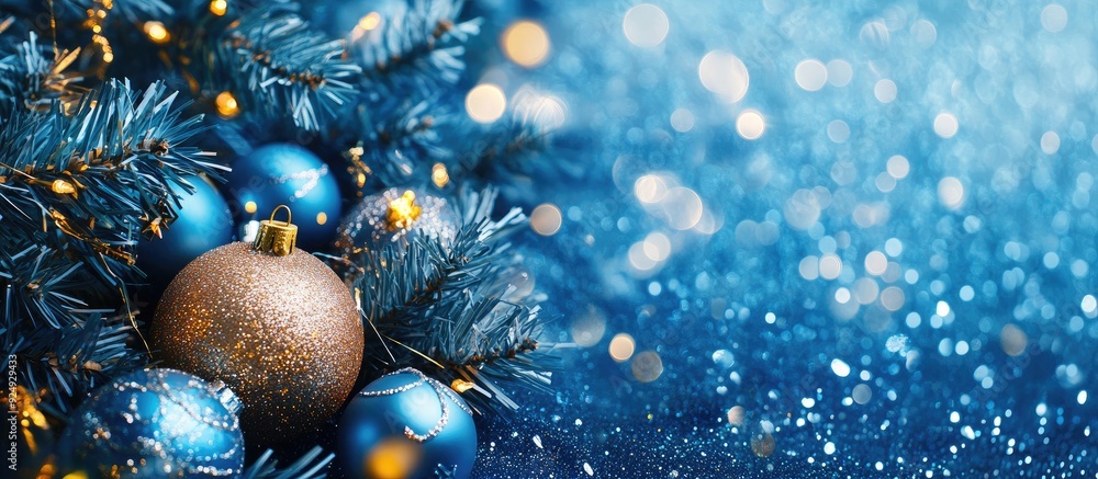 Poster Christmas and New Year holidays blue color blurred background Gorgeous sparkling texture for all festivities Selective focus. with copy space image. Place for adding text or design
