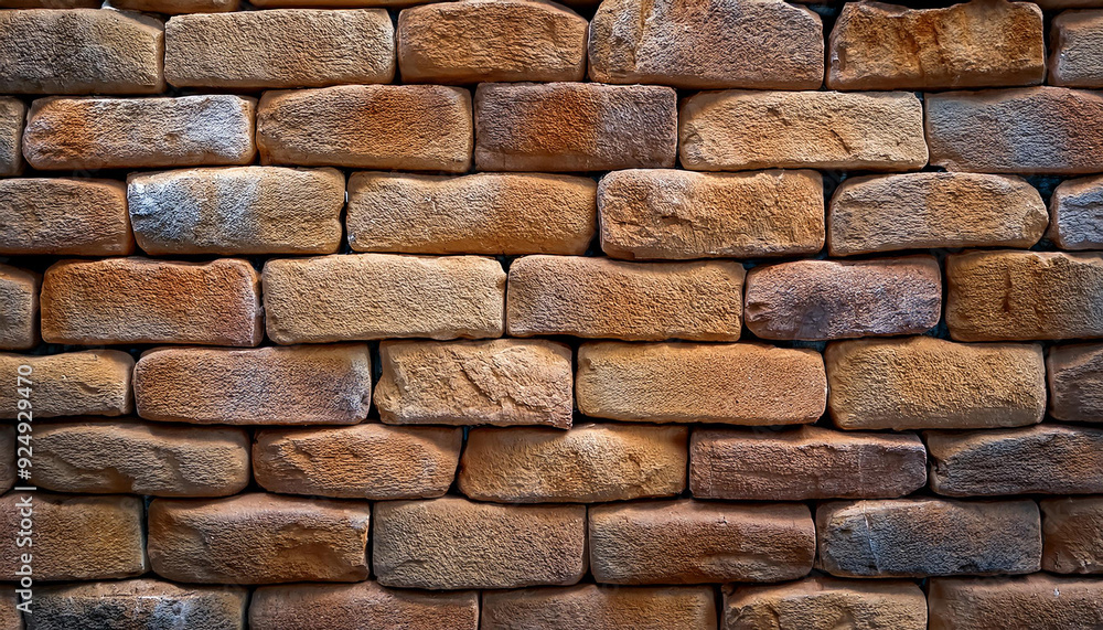 Poster textured pattern of interlocking multi-sized sandstone bricks in earthy tones of beige tan brown, st