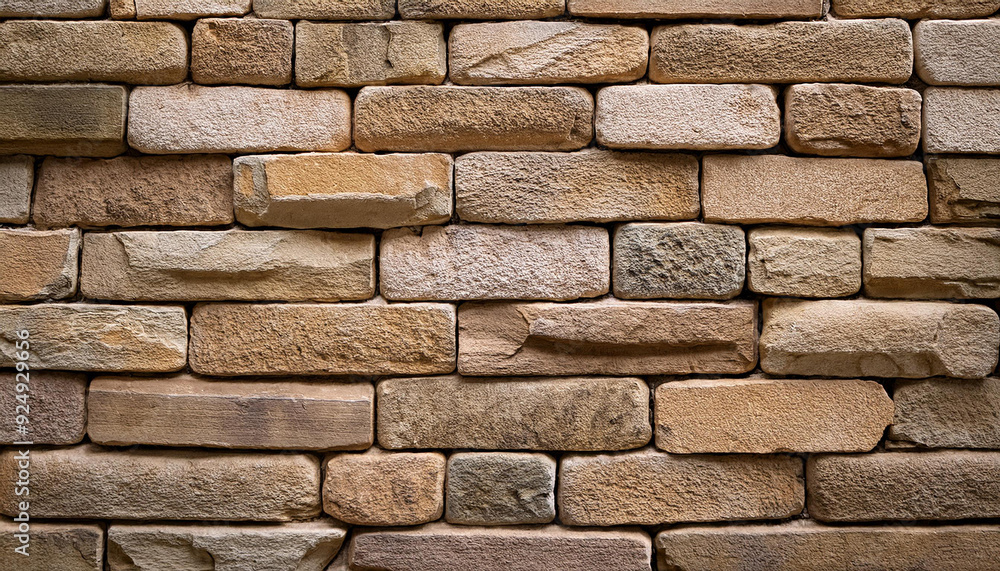Poster textured pattern of interlocking multi-sized sandstone bricks in earthy tones of beige tan brown, st