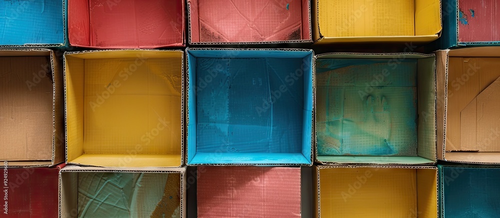 Poster Empty cardboard boxes on a colored background. with copy space image. Place for adding text or design
