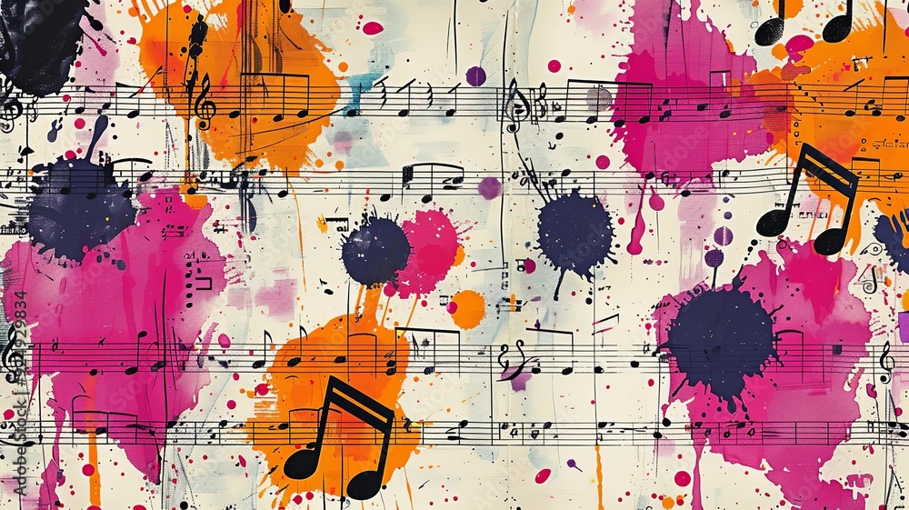 Poster a lively pattern featuring colorful musical notes on sheet music, with whimsical notes in bright col