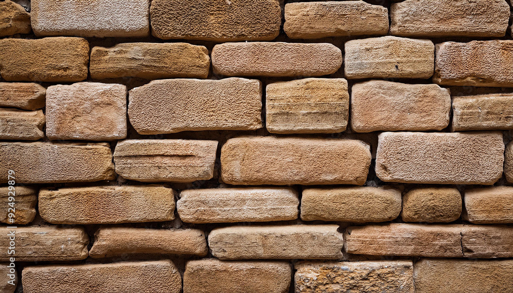 Poster textured pattern of interlocking multi-sized sandstone bricks in earthy tones of beige tan brown, st