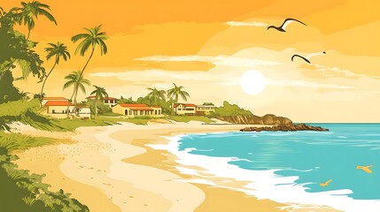 Latin American Sunset Beach Illustration, Spanish Heritage Charm, Serene Evening Scene