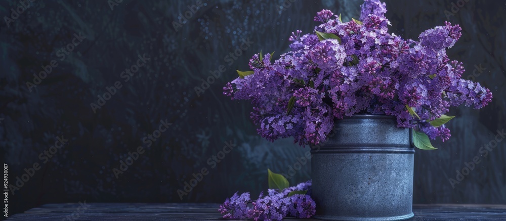 Poster Bunch of Purple Lilac in a metal container. with copy space image. Place for adding text or design