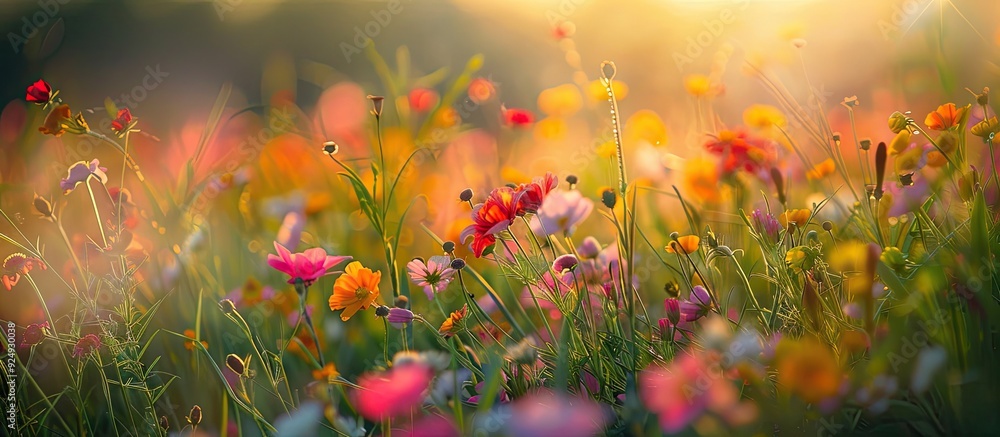 Poster selective and soft focus on grass flowers and wild plants swaying in the breeze and illuminated by a