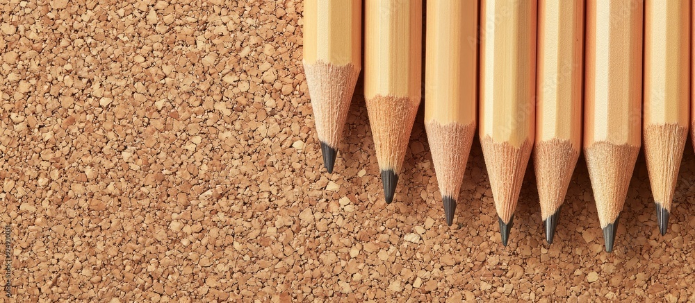 Poster A collection of wooden pencils placed on a cork board. with copy space image. Place for adding text or design