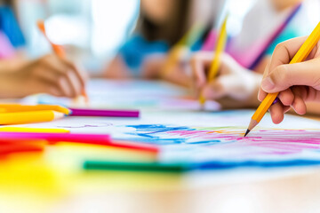 Children engaged in art activities using colorful markers and crayons in a bright classroom setting